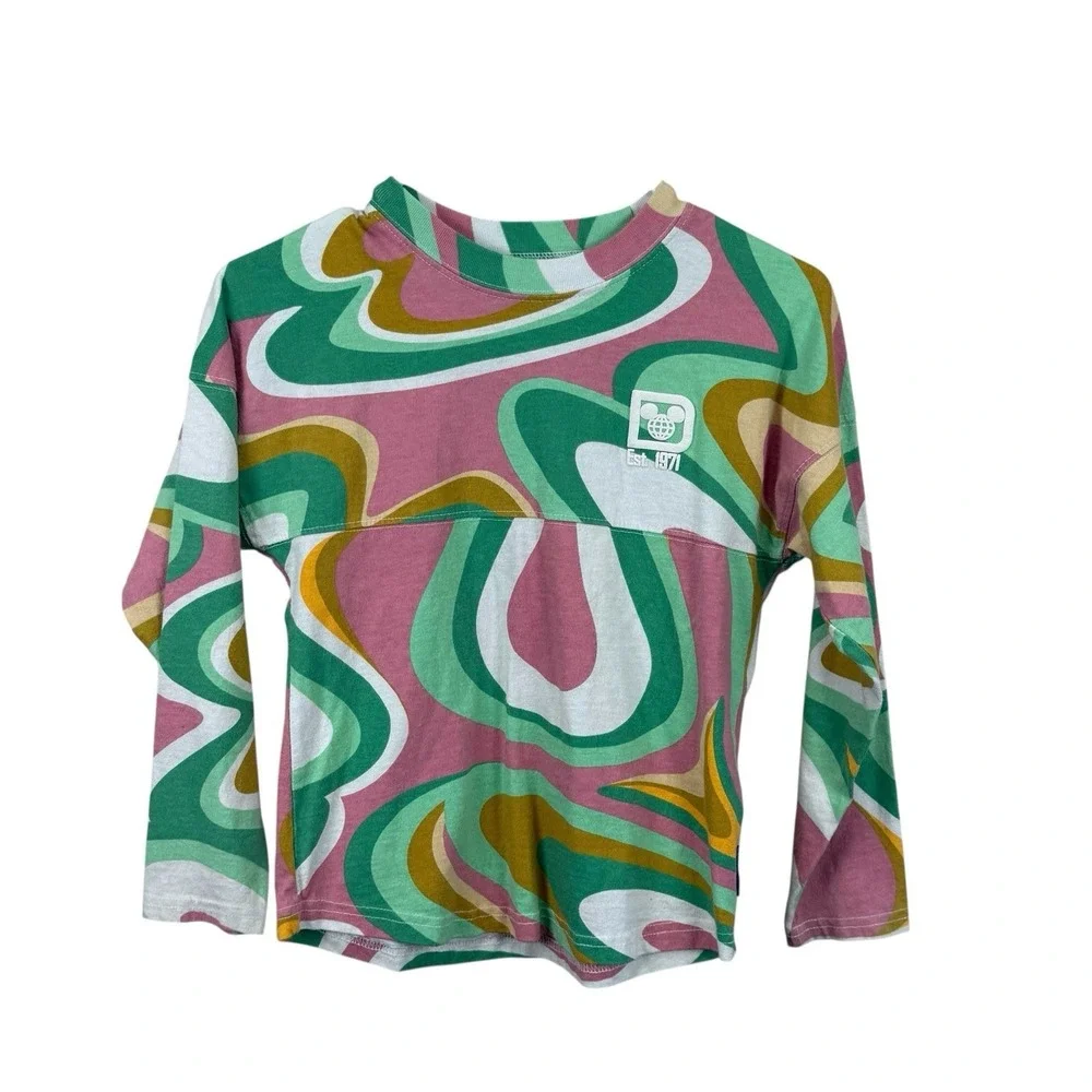 Disney World Spirit Jersey Kids Girls M‎ Pink Green Swirl 70s Style Long Sleeve